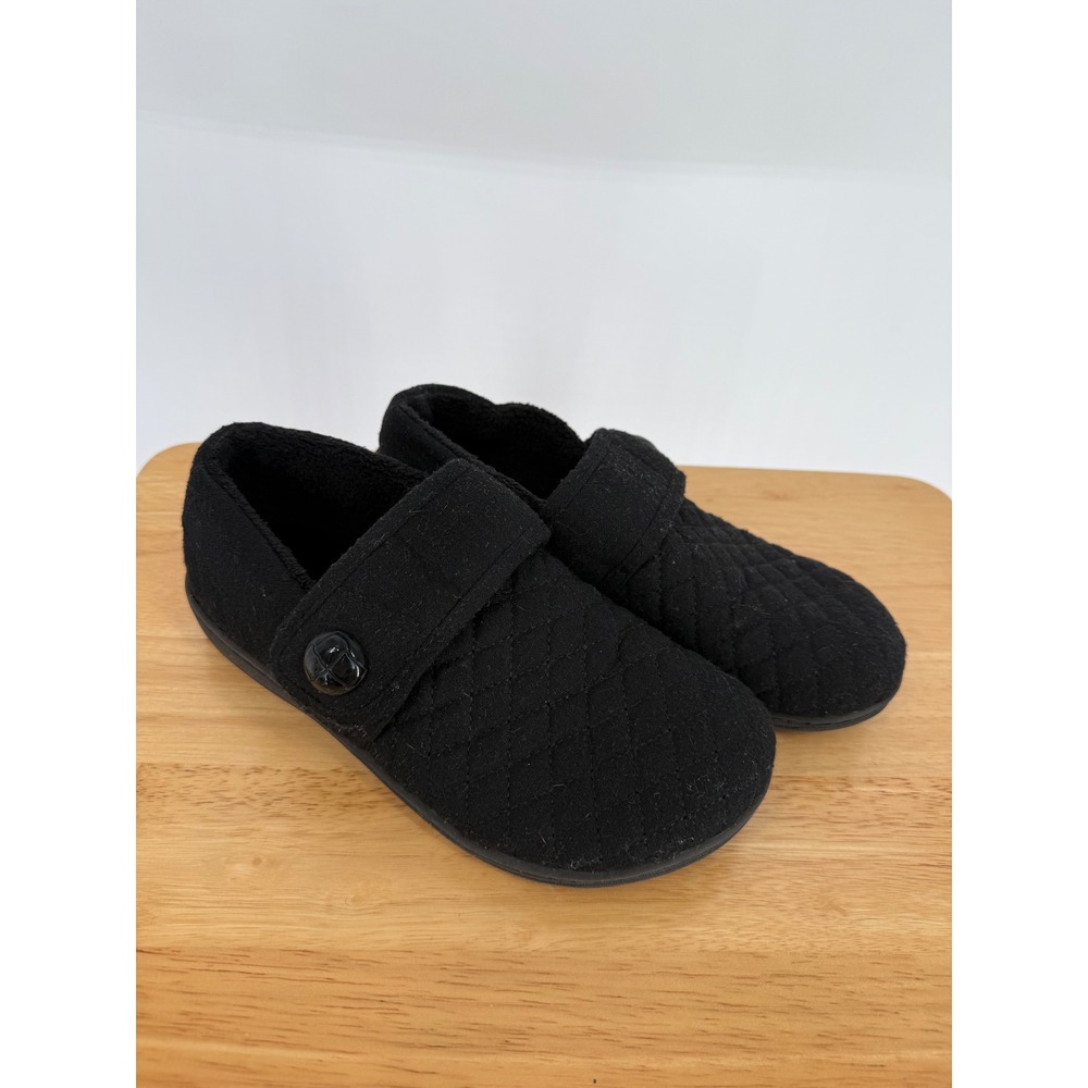 Vionic Indulge Jackie Black Quilted Orthotic Slippers Adjustable Strap Size 7